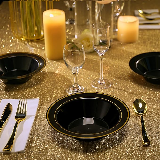 JOLLY PARTY 100PCS Black Plastic Bowls with Gold Rim-12oz Disposable Soup Bowls, Christmas Thanksgiving Premium Dessert Salad Bowls for Wedding/Party/Halloween