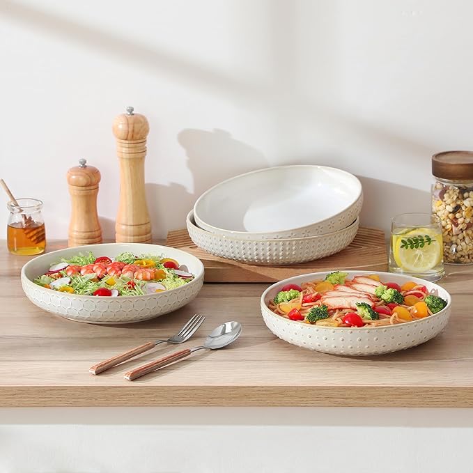 MALACASA Pasta Bowls 48 Oz, 9.5 Inch Large Salad Bowls, Modern Relief Design Ceramic Serving Bowls, Wide and Shallow Plates Pasta Plates, Microwave & Dishwasher Safe, Set of 4, Series LYDIA