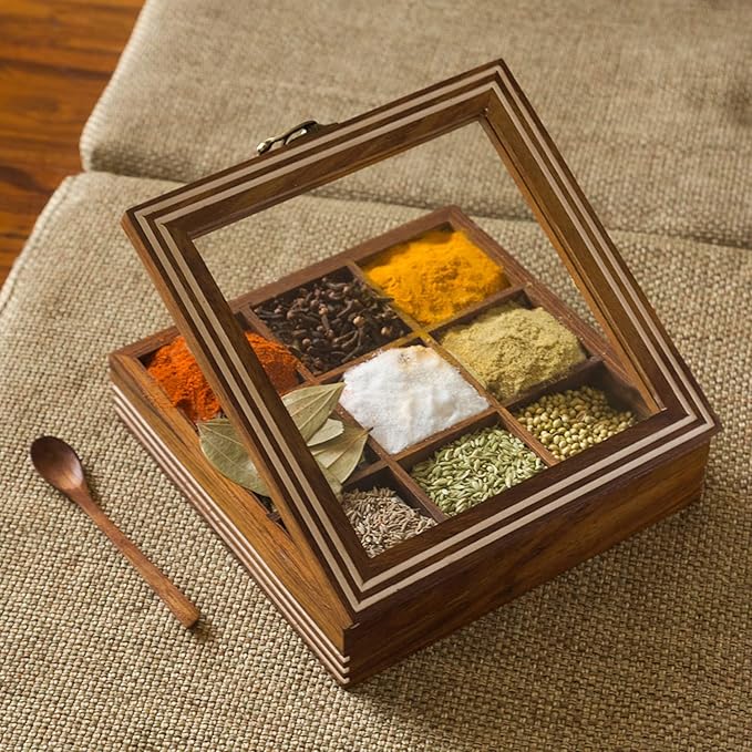 ExclusiveLane Wooden Spice Box | Masala Dabba with 9 Compartments | Size - 8x8x2 inches | Namak Daani with Spoon & See Through Lid | Sheesham Wood Spices Organizer | Kitchen Spices Container