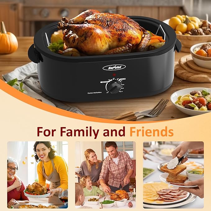Sunvivi 20-Quart Roaster Oven with Self-Basting Lid, Electric Turkey Roaster Oven with Removable Pan and Rack, Stainless Steel, Black