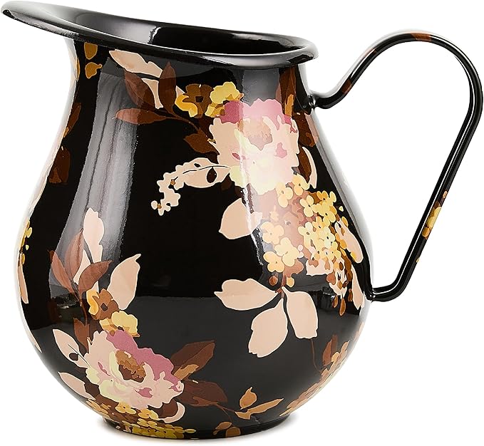 MACKENZIE-CHILDS Enamel Pitcher with Spout, Cute Water Pitcher, 3 Quarts, Wild Rose Brown