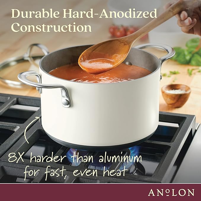 Anolon Achieve Hard Anodized Nonstick Saucepot with Lid, 4 Quart, Cream