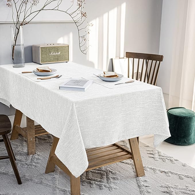 Waterproof Cotton Linen Thick Tablecloths Rectangle Dining Table Cloth, Wipe Clean & Water Resistant Table Cover for Kitchen Party and Banquets, Washable（54"x144" Length） White