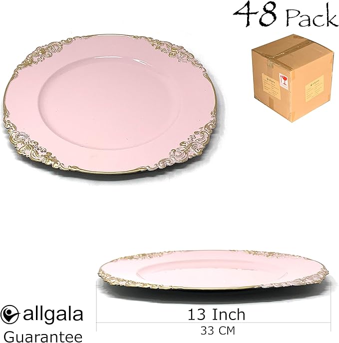 allgala 13-Inch 48-Pack Case Lot Heavy Quality Round Charger Plates-Floral Pink-HD80845