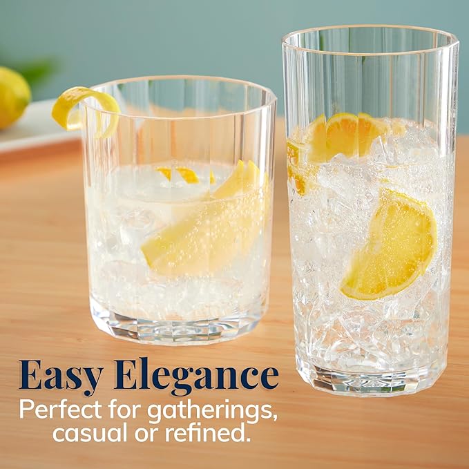 US Acrylic Faceted Clear Plastic Reusable Drinking Glasses (Set of 8) 14oz Rocks & 18oz Water Cups | BPA-Free Tumblers, Made in USA | Top-Rack Dishwasher Safe