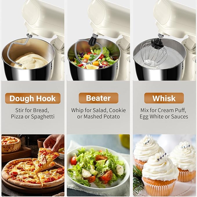 Stand Mixer with 3QT+3.5QT Dual Bowls, 10-Speed Electric 300W Food Mixer - Includes Egg Whisk, Dough Hook & Flat Beater for Home Baking & Daily Cooking (White)
