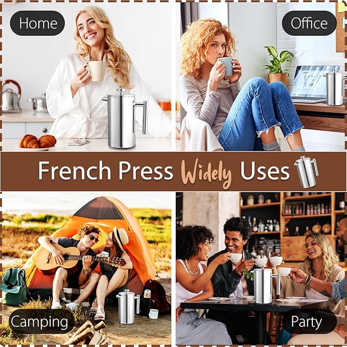 34oz French Press Coffee Maker, 1000ml Stainless Steel Double Insulated Cafetiere 8 Cup Espresso Coffee Press, Portable Coffee Plunger Pot for Home, Office, Camping
