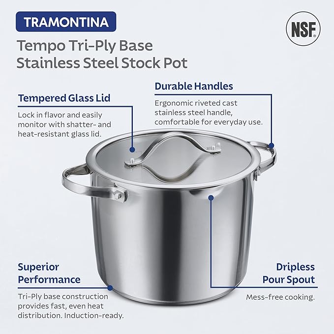 Tramontina Tempo Tri-Ply Base Stainless Steel 8-Quart Stock Pot with Glass Lid, Induction-Ready Pasta Pot, Oven-Safe, Dishwasher-Safe