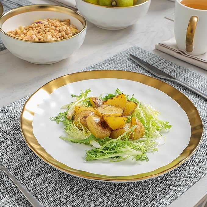 vicrays Ceramic Dessert Salad Plates, 8 Inch, Set of 6, Round, Dishwasher Safe, NOT Microwave Safe, Scratch Resistant, Suitable for Appetizer, Home, Restaurant (White with Golden)