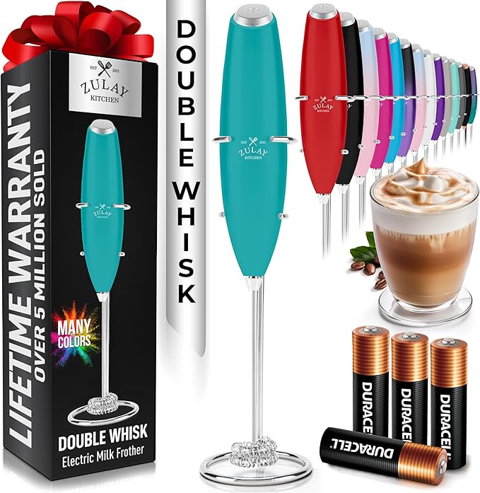 Zulay Kitchen Whisk Milk Frother with 4 Duracell Batteries - Powerful Handheld Foam Maker for Coffee, Lattes, Matcha, Hot Chocolate & Cappuccinos - Whip Creamy Froth in Seconds