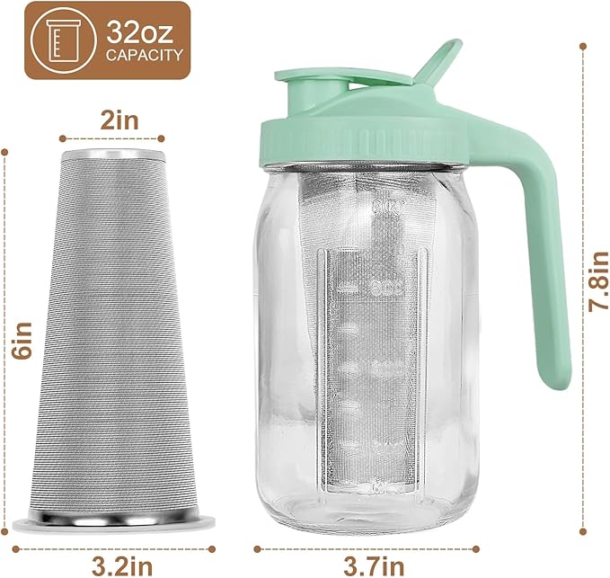 Cold Brew Coffee Maker,32 oz Mason Jar Pitcher with Stainless Steel Filter, Pour Spout Handle Lid, Heavy Duty Glass Airtight & Leak-Proof Pitcher for iced coffee Tea Breastmilk Lemonade-Green