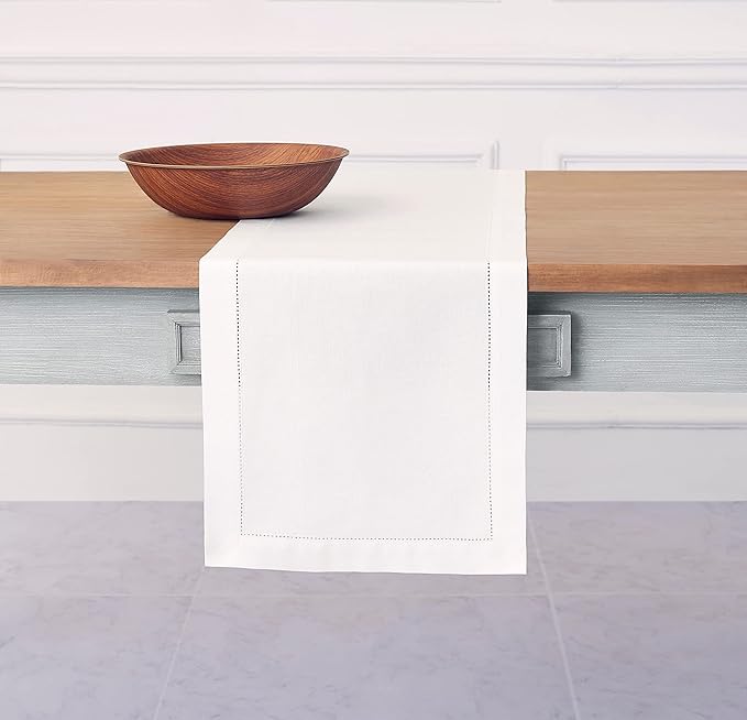 Solino Home White Table Runner 60 Inches - Cotton Linen Hemstitch Coffee Table Runner 14 x 60 Inch Ideal for Dresser Tables - Summer, Fall, Autumn, Halloween