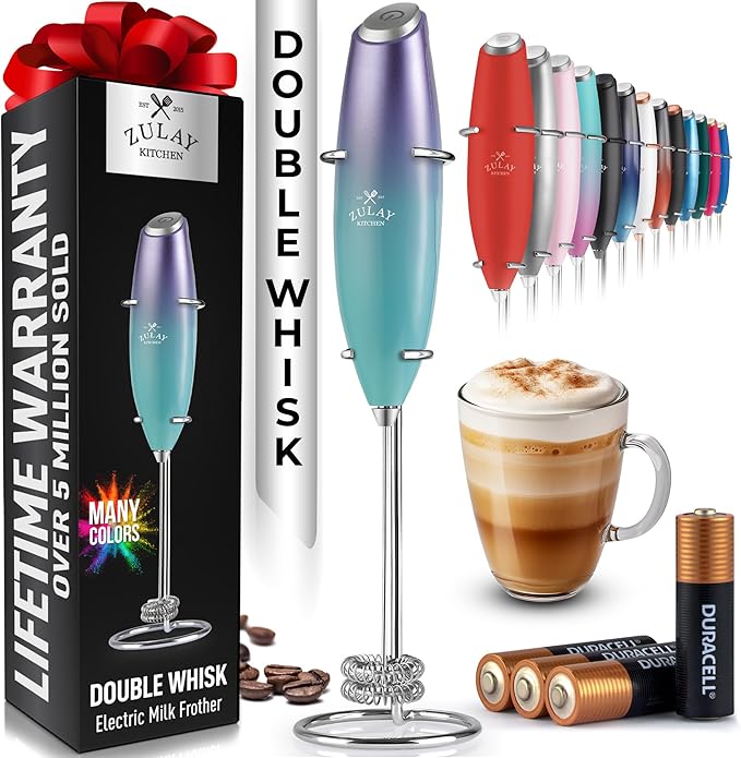 Zulay Kitchen Whisk Milk Frother with 4 Duracell Batteries - Powerful Handheld Foam Maker for Coffee, Lattes, Matcha, Hot Chocolate & Cappuccinos - Whip Creamy Froth in Seconds