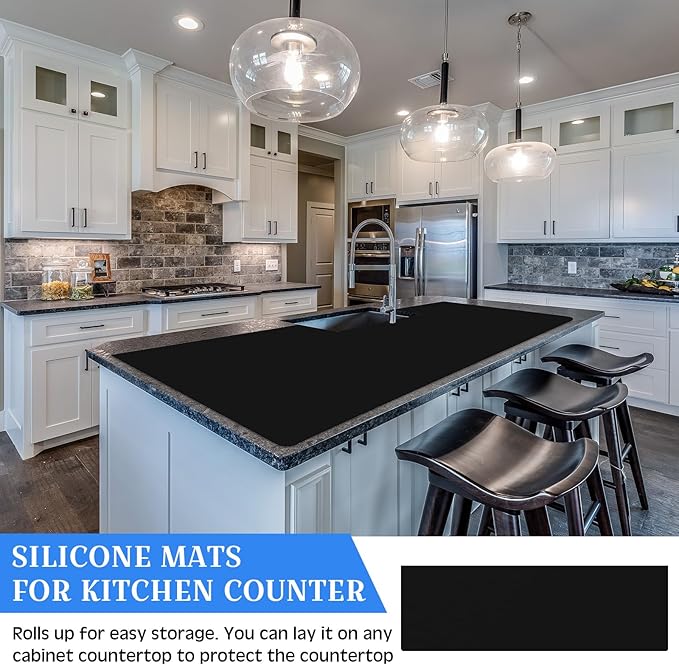 Hushee Silicone Mats for Kitchen Counter in Roll 120'' x 24'' Nonslip Cuttable Heat Resistant Mat for Kitchen Countertop Placemat(Black)