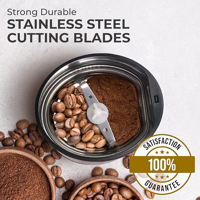 Kaffe One-Touch Coffee Grinder Electric w/Cleaning Brush (3 oz) - Stainless Steel - Coffee Grinders for Home Use - Up to 12 Cups of Coffee per Grind - Easy On/Off Coffee Bean Grinder - Silver