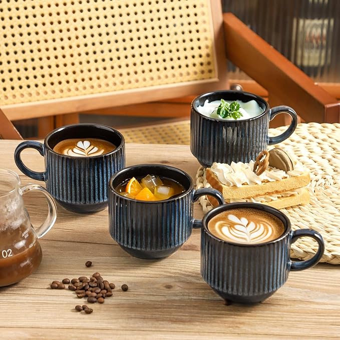 glowworm Coffee Mugs Set of 4, 15 Oz Stackable Coffee Mugs with Rack, Ceramic Cups for Home, Office, Housewarming & Engagement Gifts, Microwave & Dishwasher Safe, Navy Blue