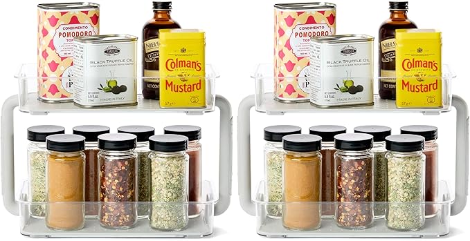 madesmart 2-Tier Plastic Multipurpose Kitchen Spice Organizer, Condiment Storage Spice Shelf for Cabinet Organization, Gray (Pack of 2)