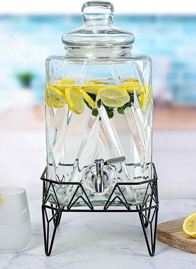 Glacial Ice Design Glass Beverage Dispenser with SS Spigot and Stand - 2.5 Gal