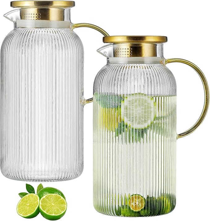 2 PACK Glass Pitcher with Lid, 84oz/2.5L Liter Classic Vertical Stripes Water Pitcher,Glass Water Carafe for Cold Brew, Coffee, Lemonade, Iced Tea,Sun Tea, Beverage, Heat Resistant