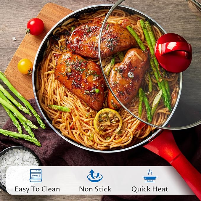 Induction Cookware Pots and Pans Set 10 Piece, BEZIA Dishwasher Safe Nonstick Cooking Pans, Stay-Cool Bakelite Handle, Scratch Resistant Kitchen Sets with Frying Pans, Saucepans & Stockpot (Red)