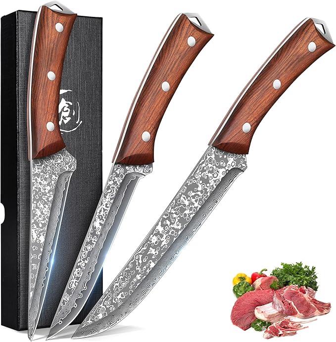 ROCOCO 3PCS Damascus Viking Boning Knife Set for Meat Cutting Deboning Brisket Trimming Fillet knives for Kitchen Camping BBQ Birthday Mothday's Day Gift