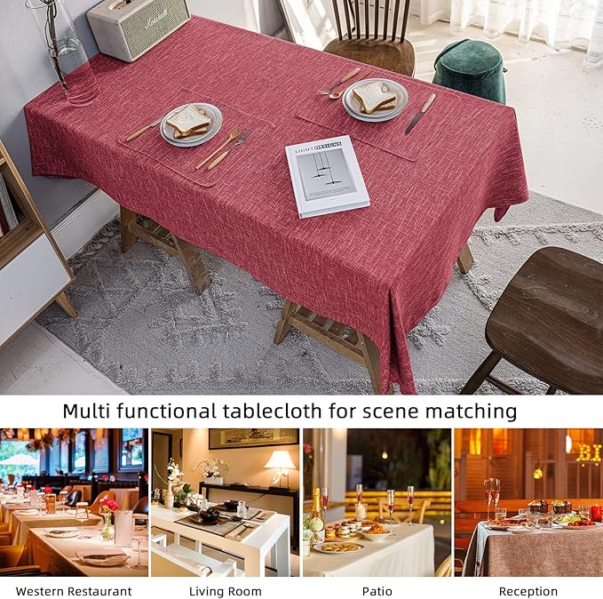 Waterproof Cotton Linen Tablecloths Rectangle Dining Table Cloth, Wipe Clean Indoor & Outdoor Table Cover for Buffet Party and Banquets, Wrinkle Resistant（54"x120"） Wine