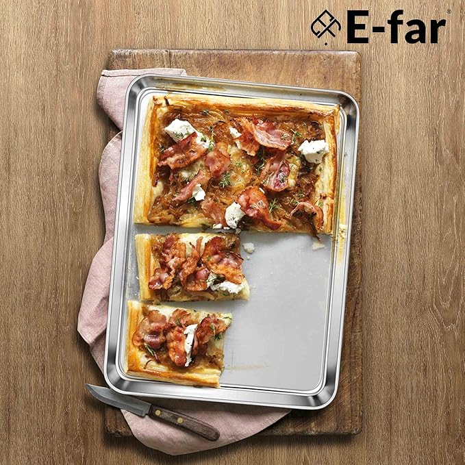 E-far Cookie Sheets for Baking, 18”x13” Stainless Steel Baking Sheet Pans for Oven, Large Non Toxic Metal Baking Tray for Baking Roasting, Healthy & Rust Free, Mirror Finish & Dishwasher Safe, 2 Pack