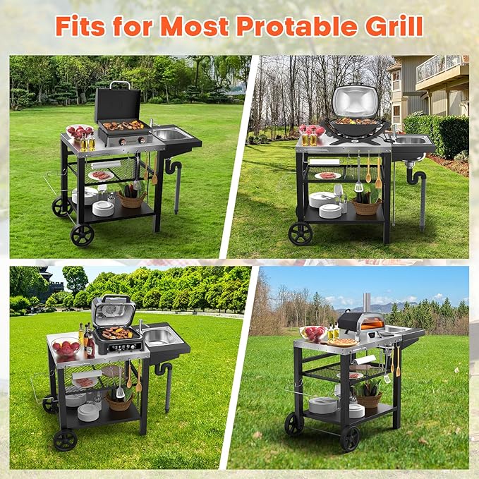 Outdoor Grill Table with Sink, Pizza Oven Cart with Drawer & Wheels, Movable 3 Shelf Food Prep Table for Ninja Woodfire, Blackstone Griddle Stand, Ooni Pizza Oven, Cuisinart, Cooking Station