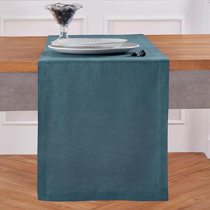 Solino Home Peacock Blue Table Runner 48 Inches - 100% Pure Linen Short Table Runner 14 x 48 Inch Ideal for Dresser and Coffee Tables - Summer - Fete