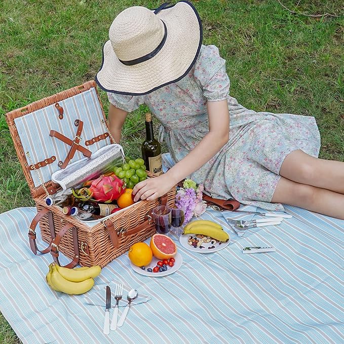 Picnic Cooler Basket Set for 2 Persons with Large Waterproof Picnic Blanket, Cutlery Service Kit and Adjustable Strap