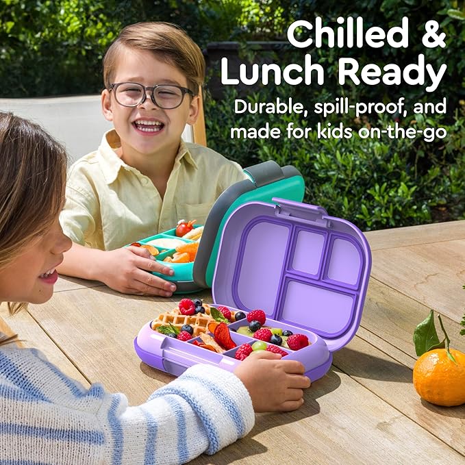Bentgo Chill Kids Leak-Proof Lunch Box - 4-Compartment Bento Box with Built-In Ice Pack, 3.3 Cup Capacity, PFAS & BPA-Free, Microwave & Dishwasher Safe, Ideal Size for Ages 3 to 7 (Purple)