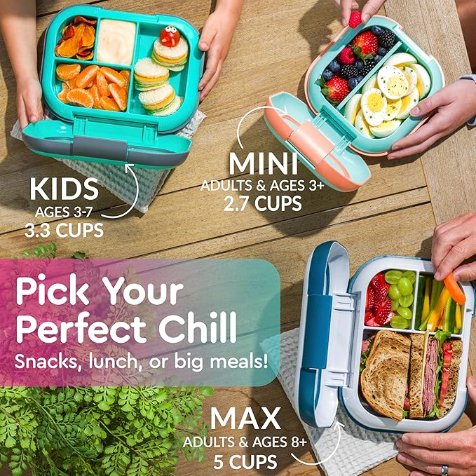 Bentgo Chill Kids Leak-Proof Lunch Box - 4-Compartment Bento Box with Built-In Ice Pack, 3.3 Cup Capacity, PFAS & BPA-Free, Microwave & Dishwasher Safe, Ideal Size for Ages 3 to 7 (Fuchsia/Teal)