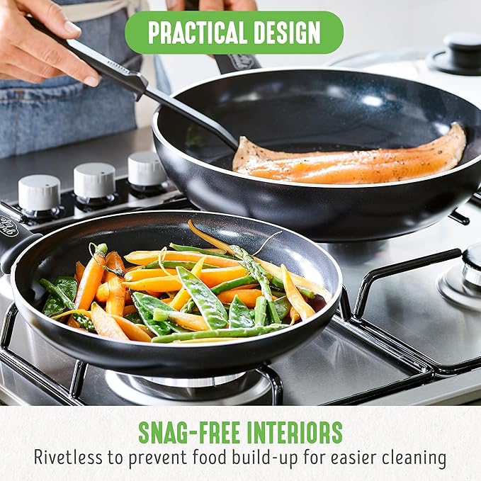 GreenLife Soft Grip 7" and 10" Frying Pan Set, Healthy Ceramic Nonstick, Non Toxic PFAS & PFOA-Free, Dishwasher Safe, Egg Omelet Skillet, Cookware for Easy Cooking, Kitchen Essentials, Black