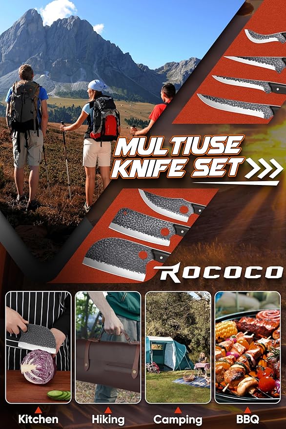 ROCOCO 13PCS Butcher Cleaver Knife Set for Meat Cutting Serbian Chef Viking Boning Knife with Roll Bag for Kitchen Outdoor BBQ Camping Birthday Christmas Father Mother Gift Idea Men