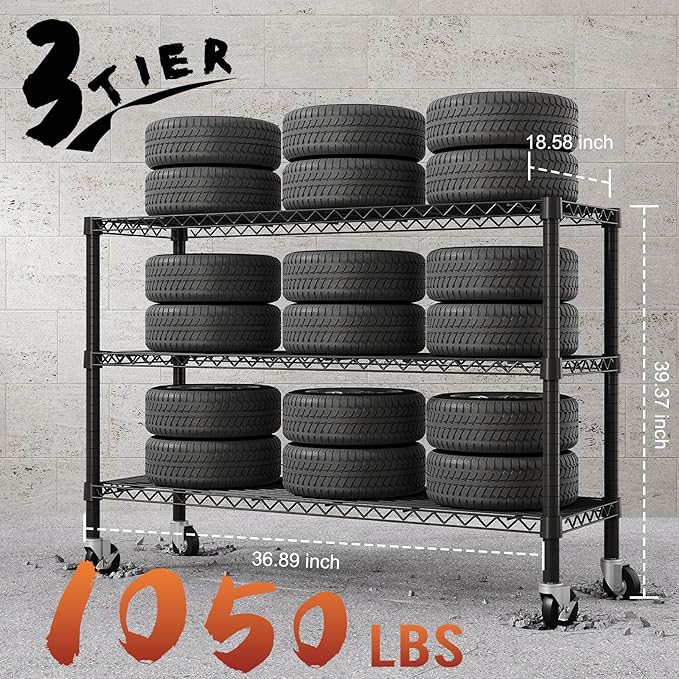3 Tier Storage Shelves with Wheels Wide Wire Shelving Unit 39.37" H Tall, 350lbs per Shelf Metal Shelves for Storage Sturdy Heavy Duty Shelving Deep Pantry Shelves Storage Rack