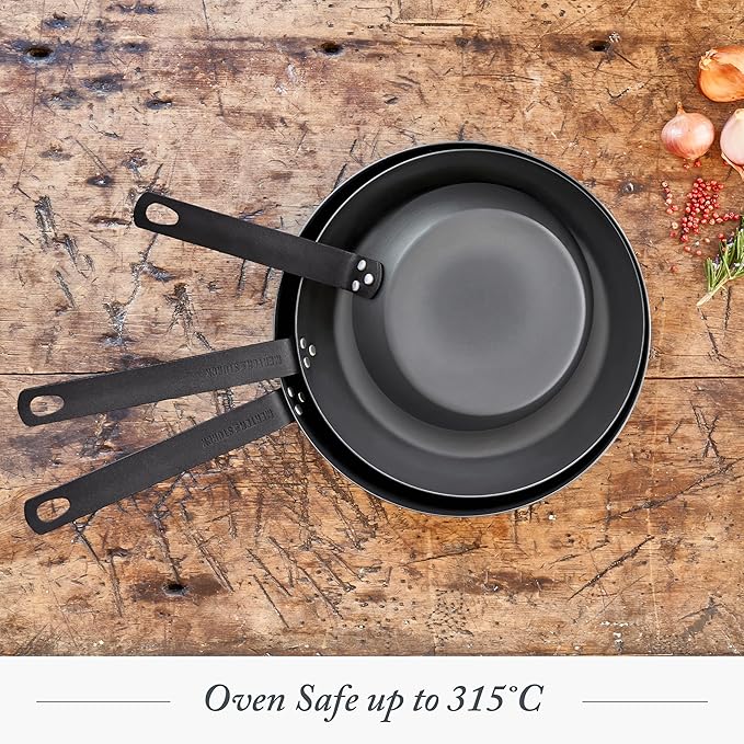 Merten & Storck Pre-Seasoned Carbon Steel 10” Frying Pan Skillet, Use on Induction, Stove and Grill, Durable, Even-Heating, for Searing, Grilling, Oven Use, and Campfire, Indoor/Outdoor