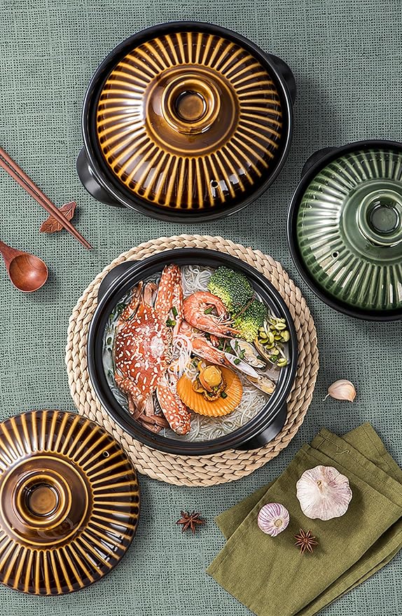 Japanese Donabe Ceramic Hot Pot Retro Heat Resistant Shallow Dutch Oven,Non-Stick Cookware Pot with Lid and Dual Handle for Cooking,Soup, Rice, Stew, Casserole, Noodle,Vintage Green,8in