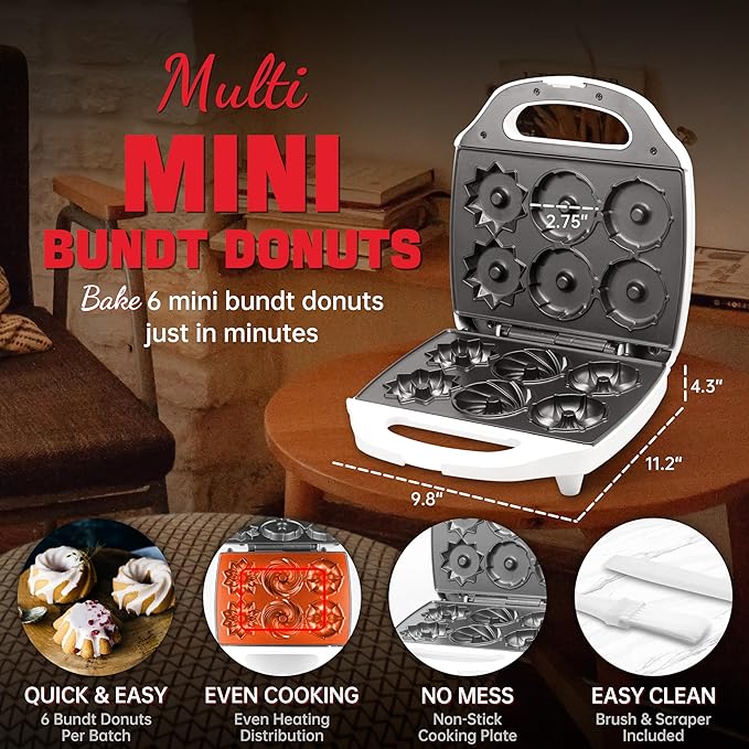Mini Donut Maker Machine, Electric Mini Bundt Cake Pan, Bake 6 Bundt Doughnuts with 3 Shapes, Excellent for Breakfast, Snacks, Desserts & More