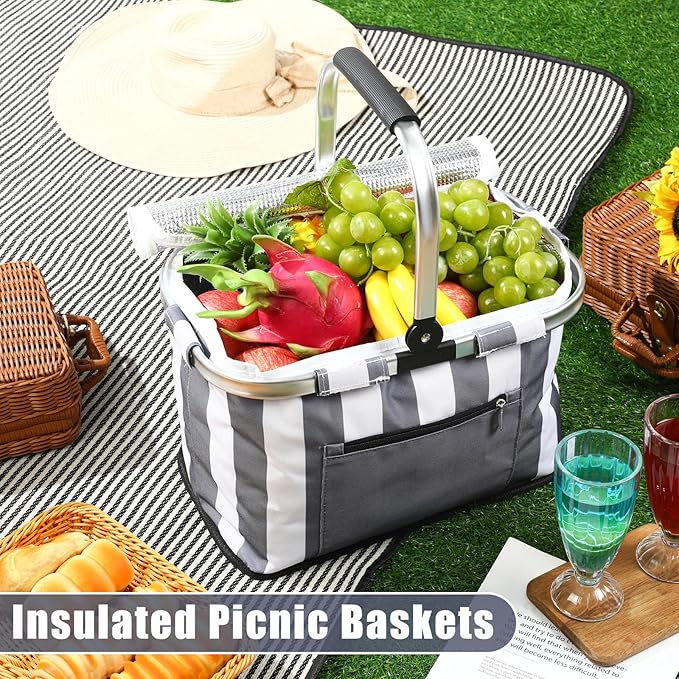 35L Large Insulated Picnic Basket with Blankets Kit Shopping Basket Cooler Bag Leakproof Collapsible Portable Suitable for Picnic Camping Work Hiking Food Delivery Gifts(Gray Stripes)