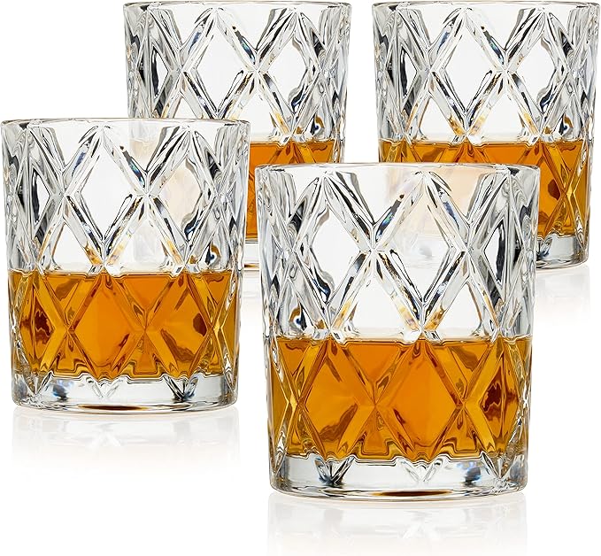 TRUE Diamond Crystal Scotch Bourbon Whiskey Glasses, Old Fashioned Glasses Drinking Set, Whiskey Tumblers, Premium Bar Glassware Set of 4, 11 oz