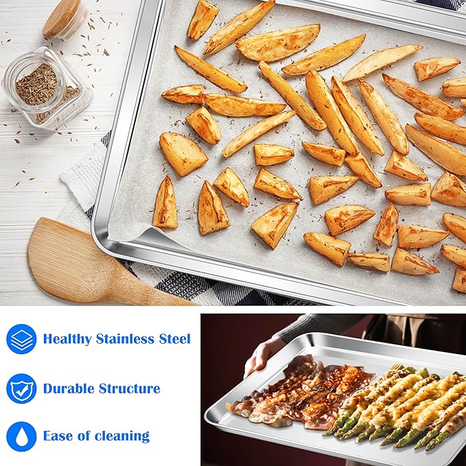 E-far Large Baking Sheets, 20”x14” Stainless Steel Cookie Sheet Pans for Oven, Non Toxic Big Metal Baking Trays for Cake Cookies, Healthy & Rust Free, Mirror Finish & Dishwasher Safe, 2 Pack