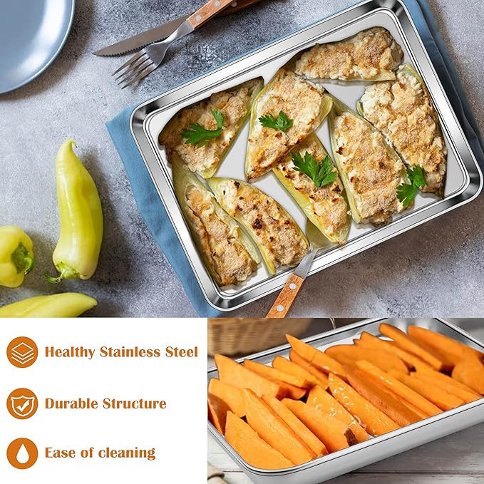 E-far Small Baking Sheet Set of 3, 10.5”x8.3” Stainless Steel Cookie Sheets Pans, Compact Non-toxic Metal Toaster Oven Trays for Cake, Healthy & Rust Free, Mirror Finish & Dishwasher Safe
