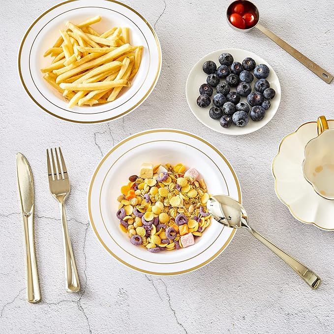 N9R 60PCS Disposable Plastic Bowls with Gold Rim, 12 oz Fancy White Plastic Bowls, Premium Dessert Salad Bowls Perfect for Party, Wedding and Everyday Use