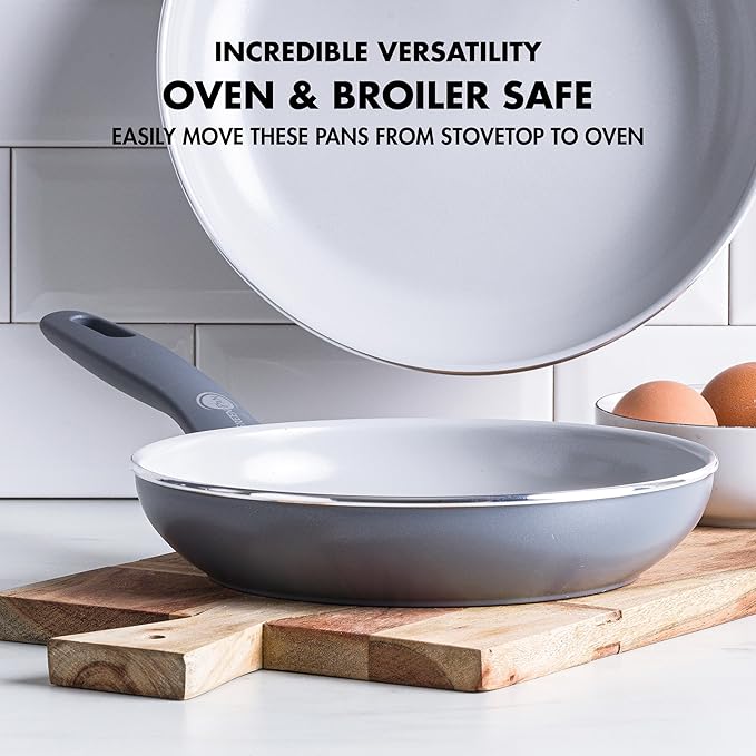 GreenPan Dover 8" and 10" Frying Pan Skillet Set, Healthy Ceramic Nonstick Coating, PFAS-Free, Dishwasher Safe, Comfort Grip Handle, Gray