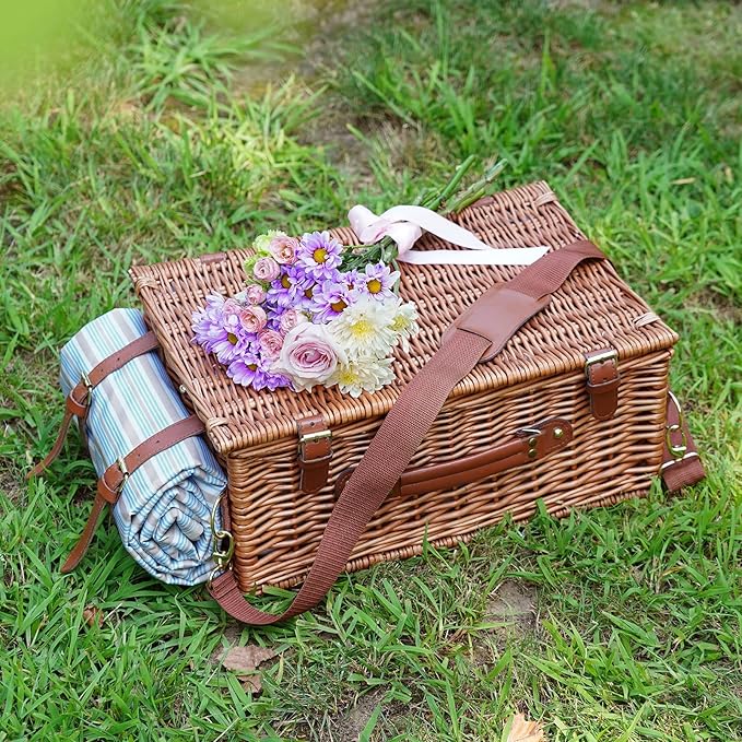 Picnic Cooler Basket Set for 2 Persons with Large Waterproof Picnic Blanket, Cutlery Service Kit and Adjustable Strap