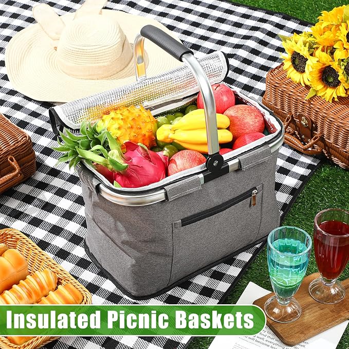 35L Large Insulated Picnic Basket with Blankets Kit Shopping Basket Cooler Bag Leakproof Collapsible Portable Suitable for Picnic Camping Work Hiking Food Delivery Gifts (Grey)