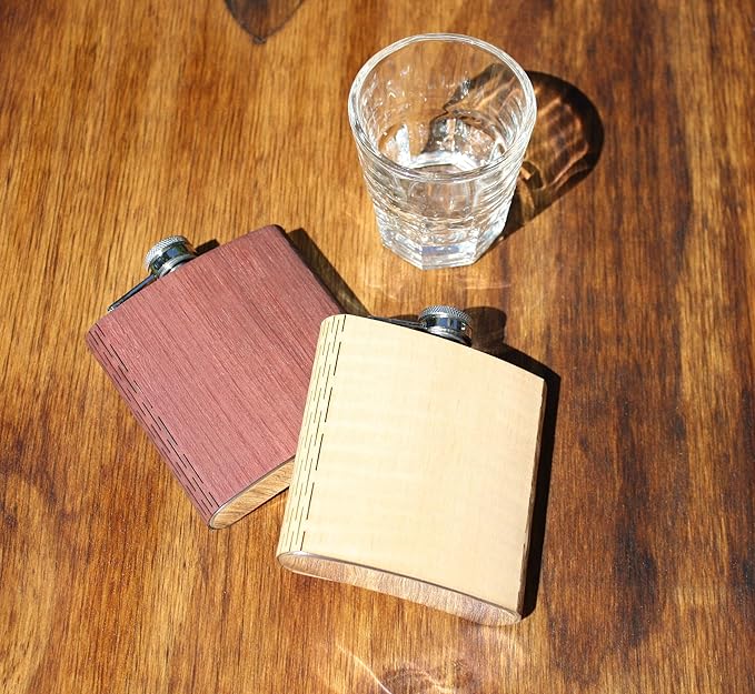WUDN 6 oz. Wooden Hip Flask - Stainless Steel Body, Boots in American Cherry