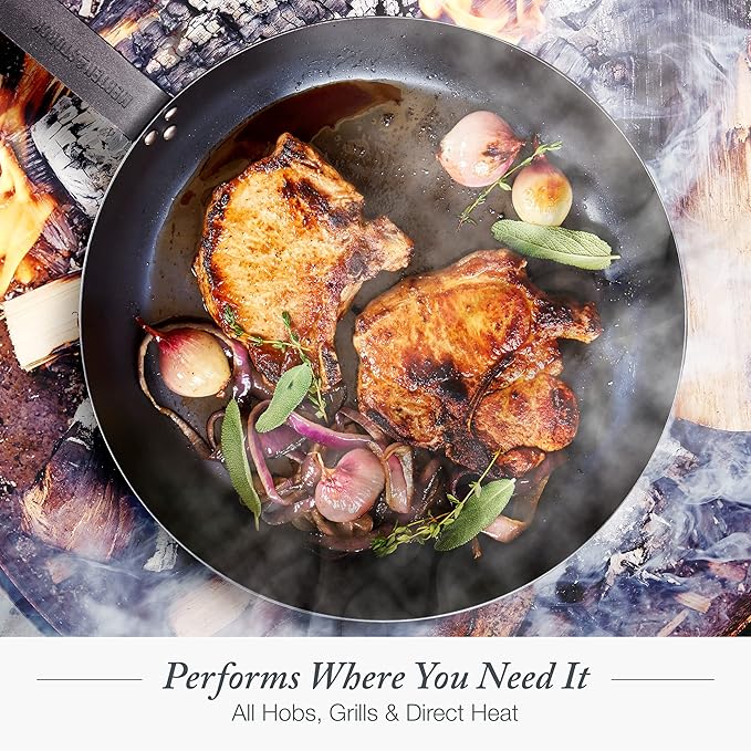 Merten & Storck Pre-Seasoned Carbon Steel 10” Frying Pan Skillet, Use on Induction, Stove and Grill, Durable, Even-Heating, for Searing, Grilling, Oven Use, and Campfire, Indoor/Outdoor