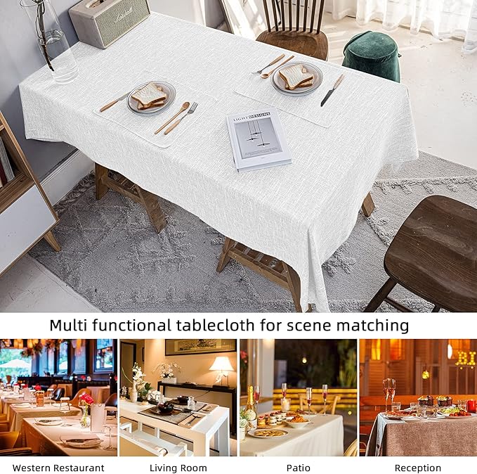 Waterproof Cotton Linen Tablecloths Rectangle Dining Table Cloth, Wipe Clean Indoor & Outdoor Table Cover for Buffet Party and Banquets, Wrinkle Resistant（54"x120"） White