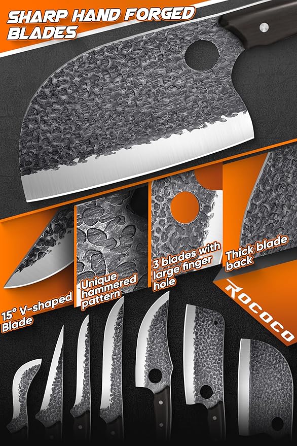 ROCOCO 13PCS Butcher Cleaver Knife Set for Meat Cutting Serbian Chef Viking Boning Knife with Roll Bag for Kitchen Outdoor BBQ Camping Birthday Christmas Father Mother Gift Idea Men
